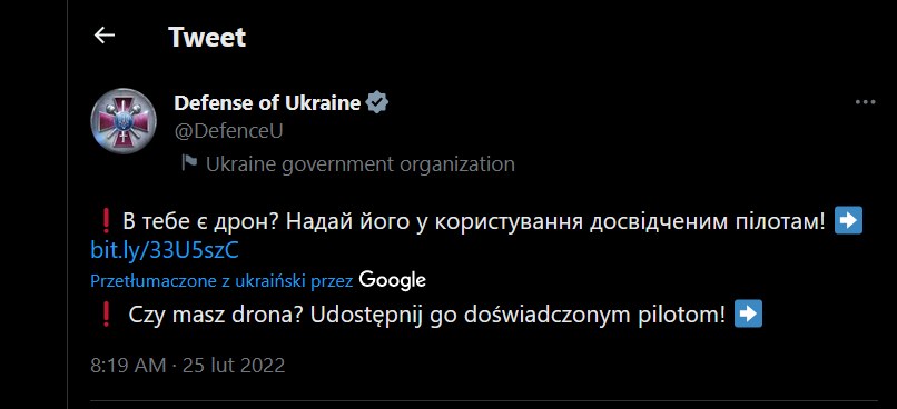 Post na Twitterze ukraińskiego Ministerstwa Obrony z prośbą o udostępnianie prywatnych dla dronów ukraińskiej armii i linkiem do potrzebnych instrukcji /screen/Twitter/Defense of Ukraine/Marcin Jabłoński /materiał zewnętrzny