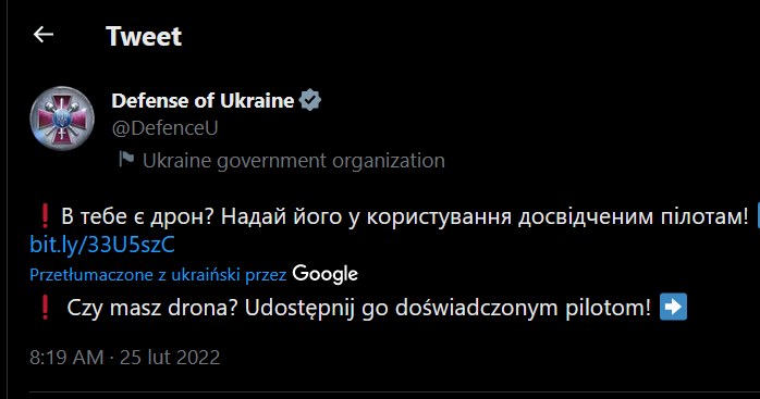 Post na Twitterze ukraińskiego Ministerstwa Obrony z prośbą o udostępnianie prywatnych dla dronów ukraińskiej armii i linkiem do potrzebnych instrukcji /screen/Twitter/Defense of Ukraine/Marcin Jabłoński /materiał zewnętrzny