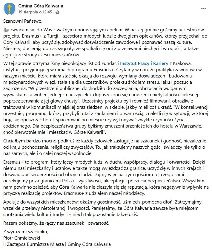 Post wiceburmistrza o liście jaki otrzymały władze gminy /Facebook /