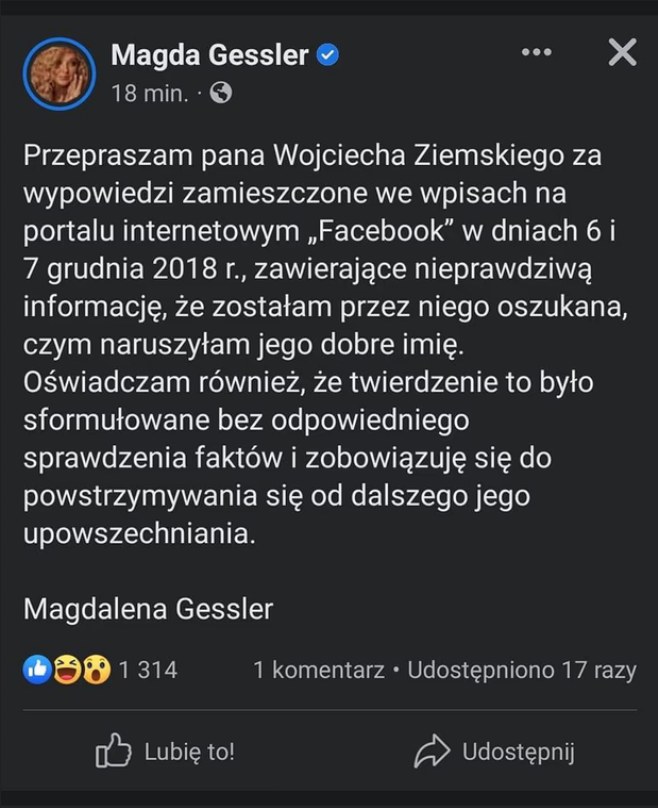 Post z 24 marca, który pojawił się na profilu Magdy Gessler /screen Facebook/ Magda Gessler /Facebook