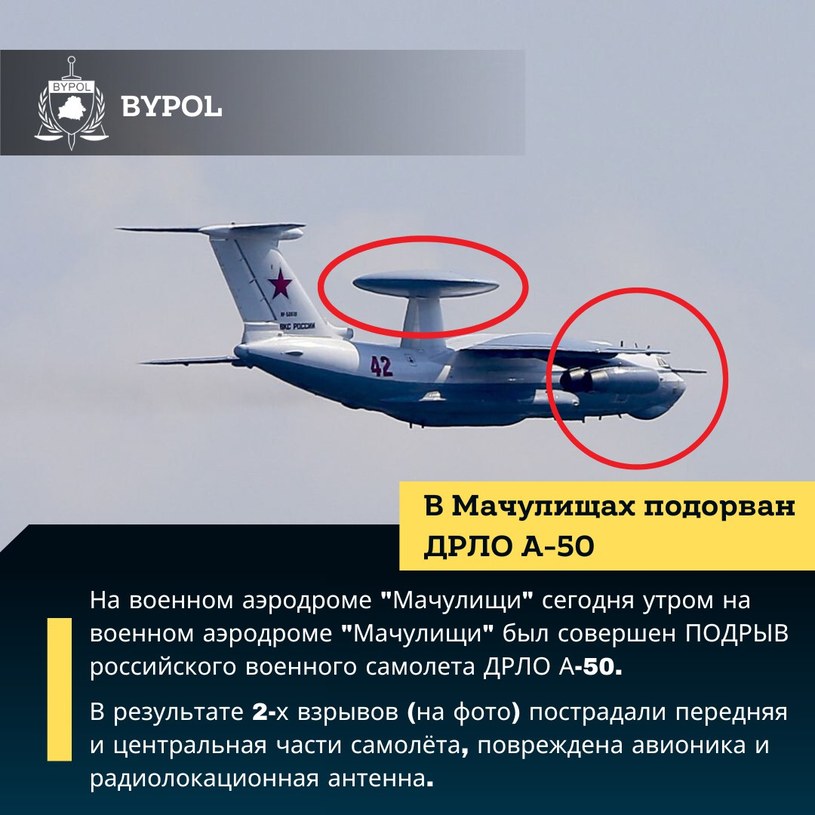 Post z Telegramu grupy BYPOL, informujący o uszkodzeniu przez partyzantów A-50 z zaznaczonymi elementami trafionymi przez drony. Według partyzantów znacznemu uszkodzeniu uległy radar i awionika /Telegram/@By_Pol /materiał zewnętrzny