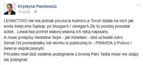 Post zamieszczony przez Krystynę Pawłowicz na Facebooku /Facebook