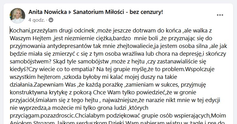 Posty Anity z "Sanatorium miłości" (screen z Facebooka) /materiały prasowe