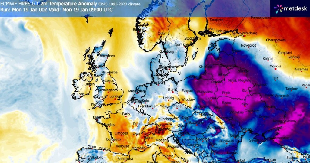 Potężna ujemna anomalia temperatury w poniedziałek utrzyma się we wschodniej połowie kraju /WXCharts