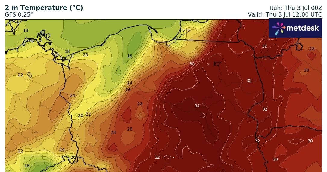 Potężne upały, sięgające lokalnie do około 36 stopni Celsjusza, obejmą zdecydowaną większość kraju /wxcharts /