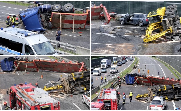 Poważny wypadek na A4. Wywróciła się ciężarówka z koparką, zniszczyła osobówkę