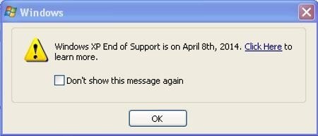 Powiadomienie o zakończeniu wsparcia w systemie Windows XP. /materiały prasowe