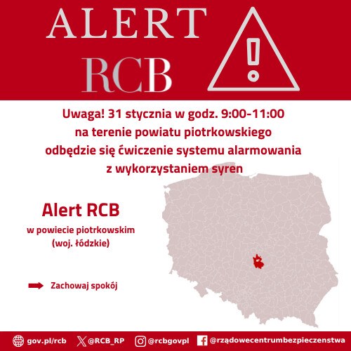 Powiat piotrkowski. W sobotę test systemu alarmowania z użyciem syren /Rządowe Centrum Bezpieczeństwa