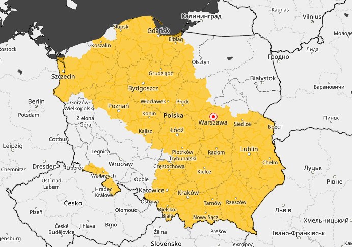 Powiaty objęte ostrzeżeniami pierwszego stopnia przed mrozem /meteo.imgw.pl/ /