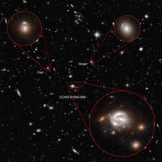 Powiększony obraz widocznych na zdjeciu soczewek grawitacyjnych Źródło: NASA, ESA /materiały prasowe