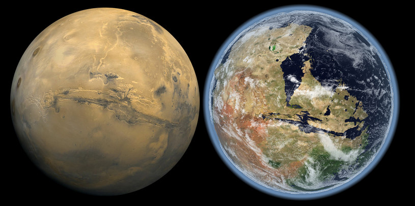 Powierzchnia Marsa teraz i w przeszłości - z wodnym oceanem. Źródło: Kevin Gill. /Kosmonauta