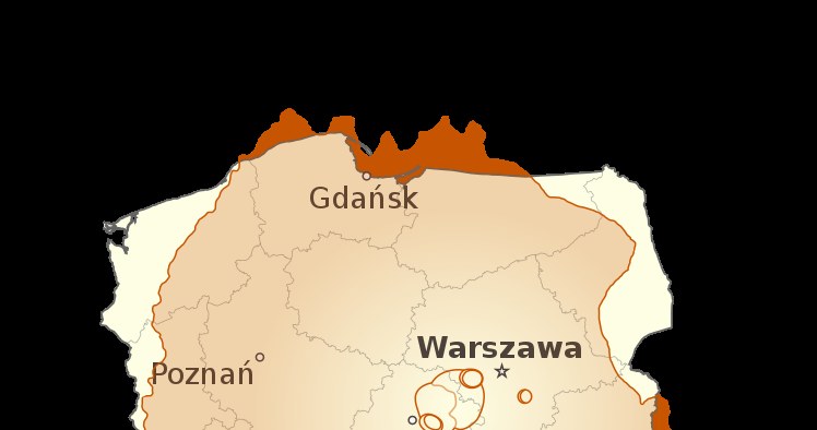 Powierzchnia marsjańskiego wulkanu Olympus Mons na tle powierzchni Polski /Poland_location_map.svg: NordNordNordWest/Olympus_Mons_alt.jpg: Zdjęcie NASA, modyfikacje Seddona/praca pochodna: Szczureq/Creative Commons Attribution-Share Alike 4.0 International /Wikipedia