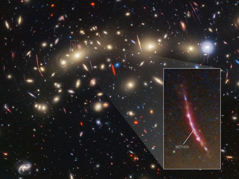 Powyższe zdjęcie gromady galaktyk MACS0416 uwypukla jedną szczególną galaktykę tła soczewkowaną grawitacyjnie, która istniała około 3 miliardy lat po Wielkim Wybuchu. Galaktyka ta zawiera obiekt przejściowy, czyli obiekt, którego obserwowana jasność zmienia się w czasie, który zespół naukowy nazwał „Mothra”.