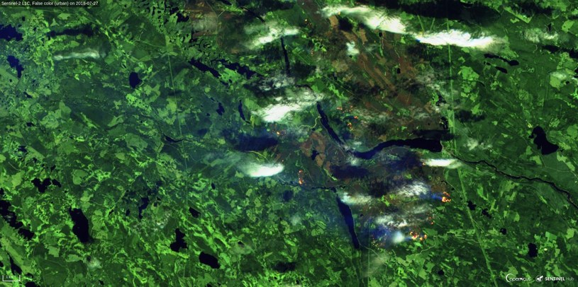 Pożary lasów w północnej Szwecji z 27 lipca 2018 z satelity Sentinel 3. Fot. Sinergise, ESA /materiały prasowe