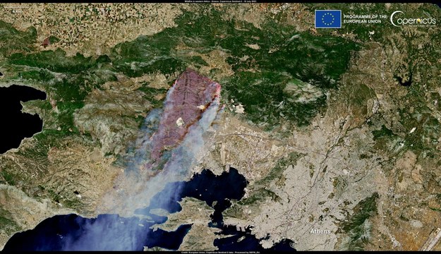 Pożary w Grecji na zdjęciu z satelity programu Copernicus Sentinel-2. /ESA, Copernicus /