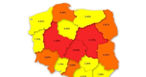 Poziom infekcji w poszczególnych województwach, maj 2010 według Kaspersky Lab /materiały prasowe