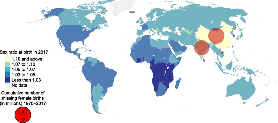 Poziom SRB w krajach świata w 2017 roku. Kółeczkami oznaczono liczbę "brakujących" kobiet z lat 1970-2017 /Copyright © 2019 the Author(s). Published by PNAS. /Materiały prasowe