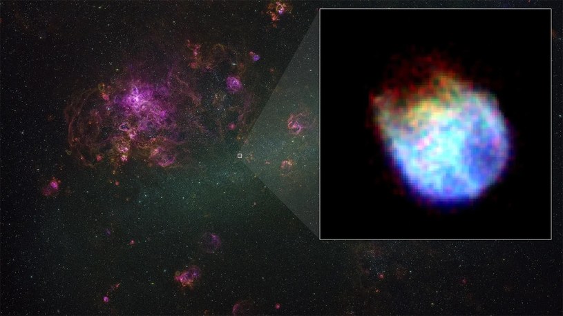 Pozostałość po supernowej N132 leży w centralnej części Wielkiego Obłoku Magellana / Inset, JAXA/NASA/XRISM Xtend; background, C. Smith, S. Points, the MCELS Team and NOIRLab/NSF/AURA /domena publiczna