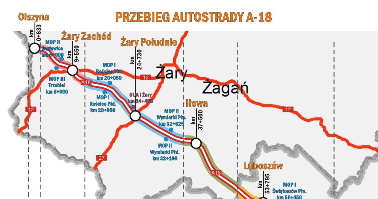 Prace na południowej jezdni DK18 podzielone są na cztery odcinki realizacyjne. /GDDKiA