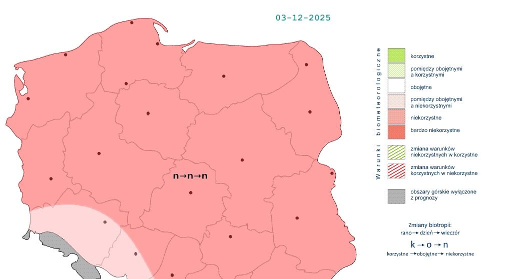 Praktycznie wszędzie pogoda będzie niekorzystnie wpływać na nasz organizm. Będzie tak przez całą środę /IMGW /