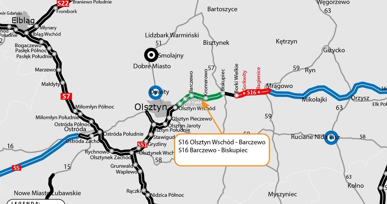 Prawie 30-kilometrowy fragment drogi S16 został podzielony na dwa odcinki realizacyjne. /GDDKiA