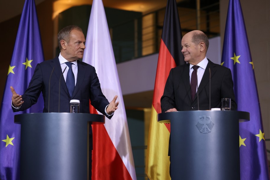 Premier Donald Tusk i kanclerz Niemiec Olaf Scholz /Clemens Bilan /PAP/EPA