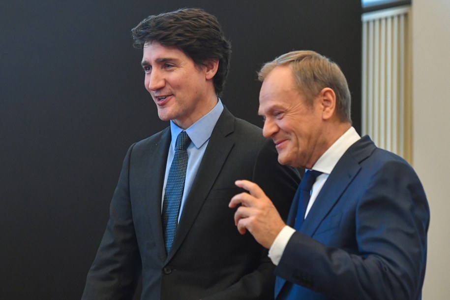 Premier Donald Tusk oraz premier Kanady Justin Trudeau podczas konferencji prasowej po spotkaniu w siedzibie KPRM, 26 lutego 2024 r. /Piotr Nowak /PAP