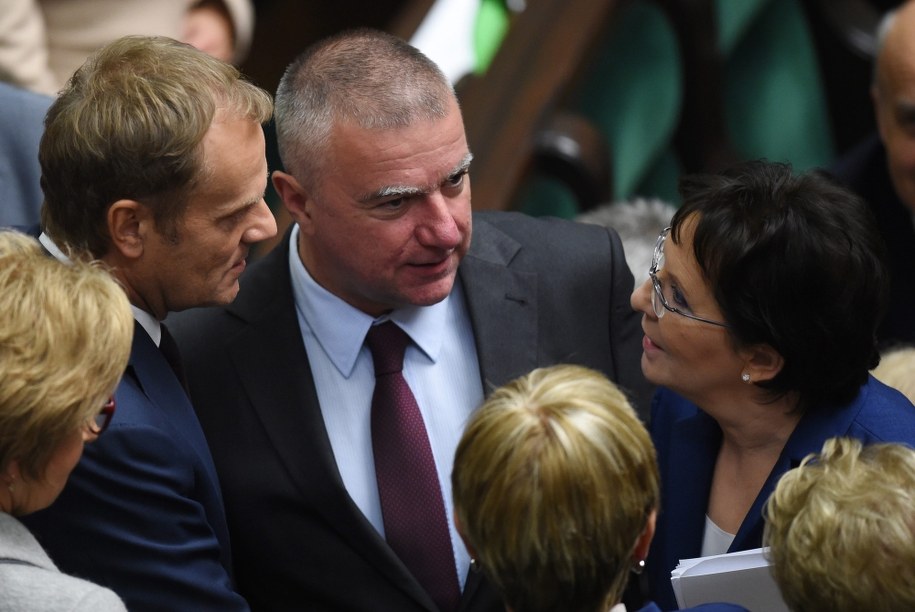 Premier Ewa Kopacz (P) i posłowie PO Donald Tusk (L) i Paweł Graś (C) /Radek Pietruszka /PAP