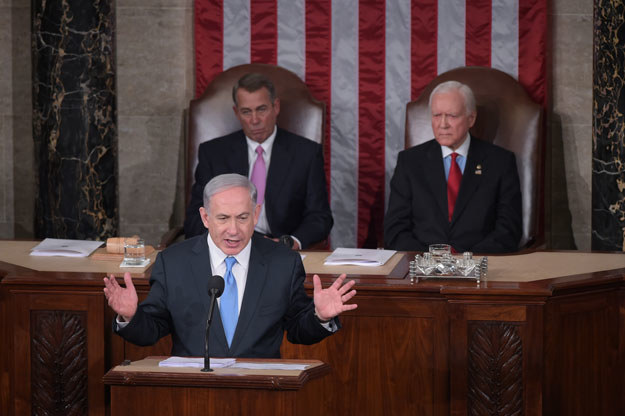 Premier Izraela Benjamin Netanjahu w trakcie przemówienia w Kongresie fot. Mandel Ngan /AFP