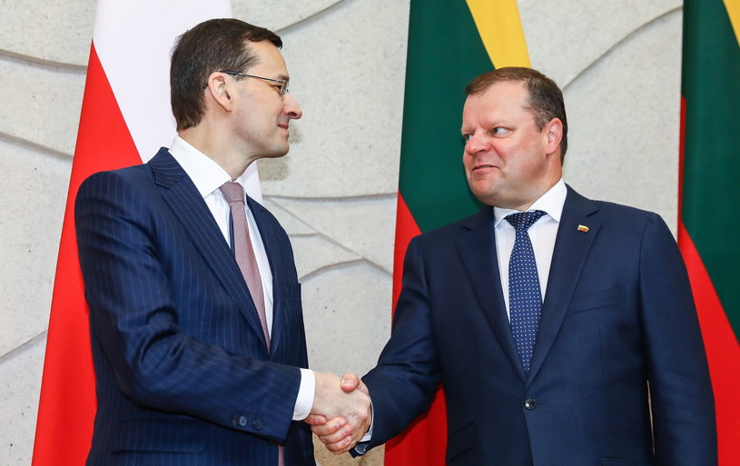 Premier Mateusz Morawiecki podczas spotkania z szefem litewskiego rządu Sauliusem Skvernelisem /	Rafał Guz   /PAP