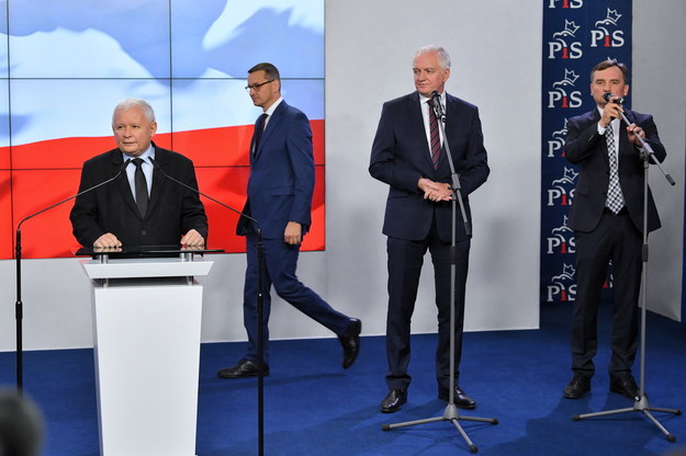 Premier Mateusz Morawiecki, prezes PiS Jarosław Kaczyński, szef Solidarnej Polski Zbigniew Ziobro oraz  prezes Porozumienia Jarosław Gowin