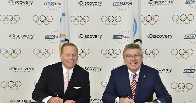 Prezes i CEO Discovery Communications David Zaslav (L) oraz prezes MKOl Thomas Bach /