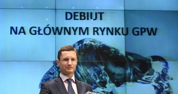 Prezes spółki Braster Marcin Halicki podczas debiutu na Rynku Głównym GPW /PAP