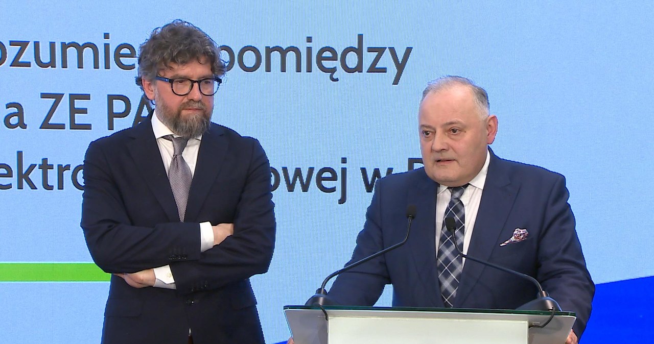 Prezes ZE PAK Piotr Woźny i prezes PGE Wojciech Dąbrowski /Polsat News /Polsat News