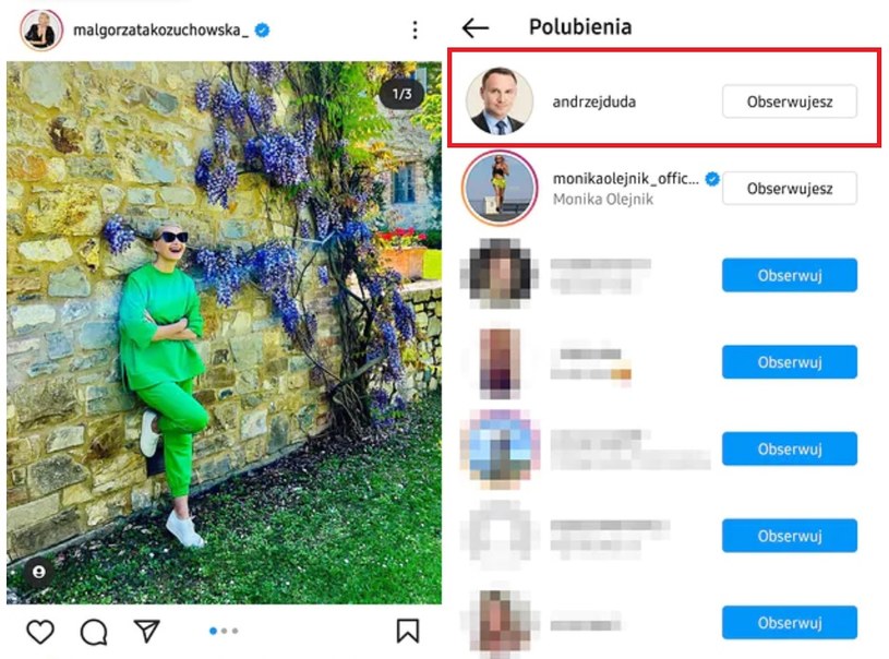 Prezydent Andrzej Duda polubił zdjęcie Małgorzaty /Instagram