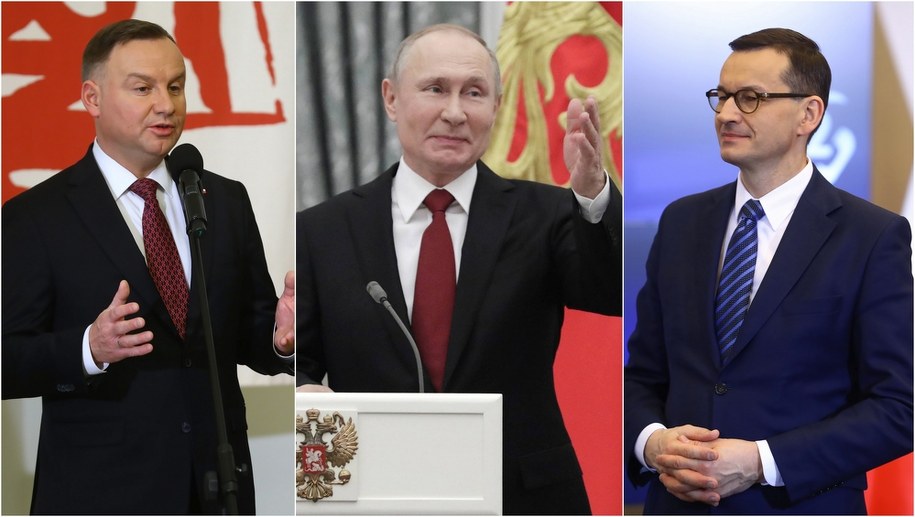 Prezydent RP Andrzej Duda (fot. Rafał Guz), prezydent Federacji Rosyjskiej Władimir Putin (fot. Mikhail Metzel/ITAR-TASS) i premier RP Mateusz Morawiecki (fot. Rafał Guz) /PAP /