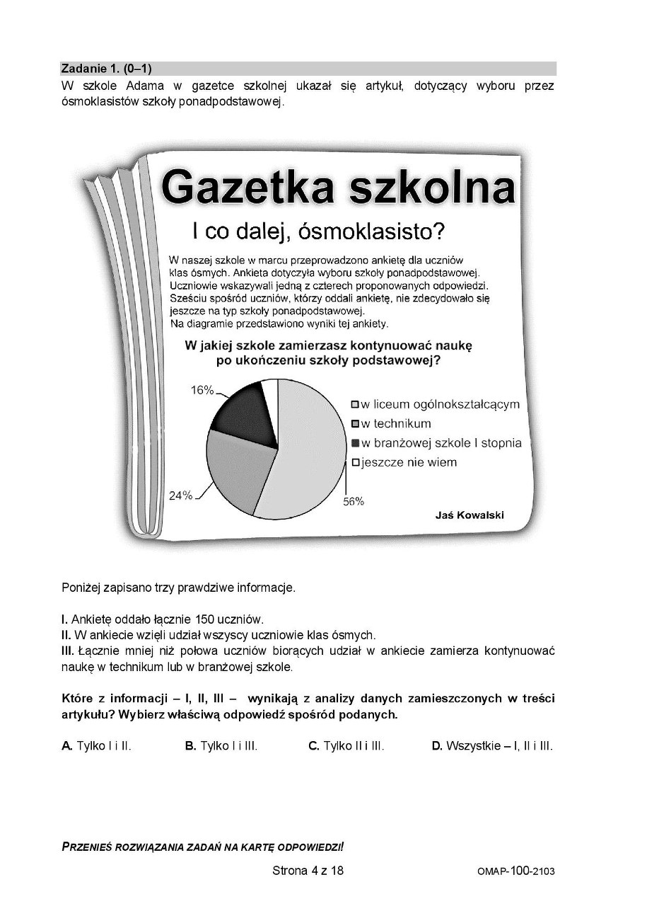 Próbny egzamin ósmoklasisty 2021. Arkusz z matematyki, fot. CKE /