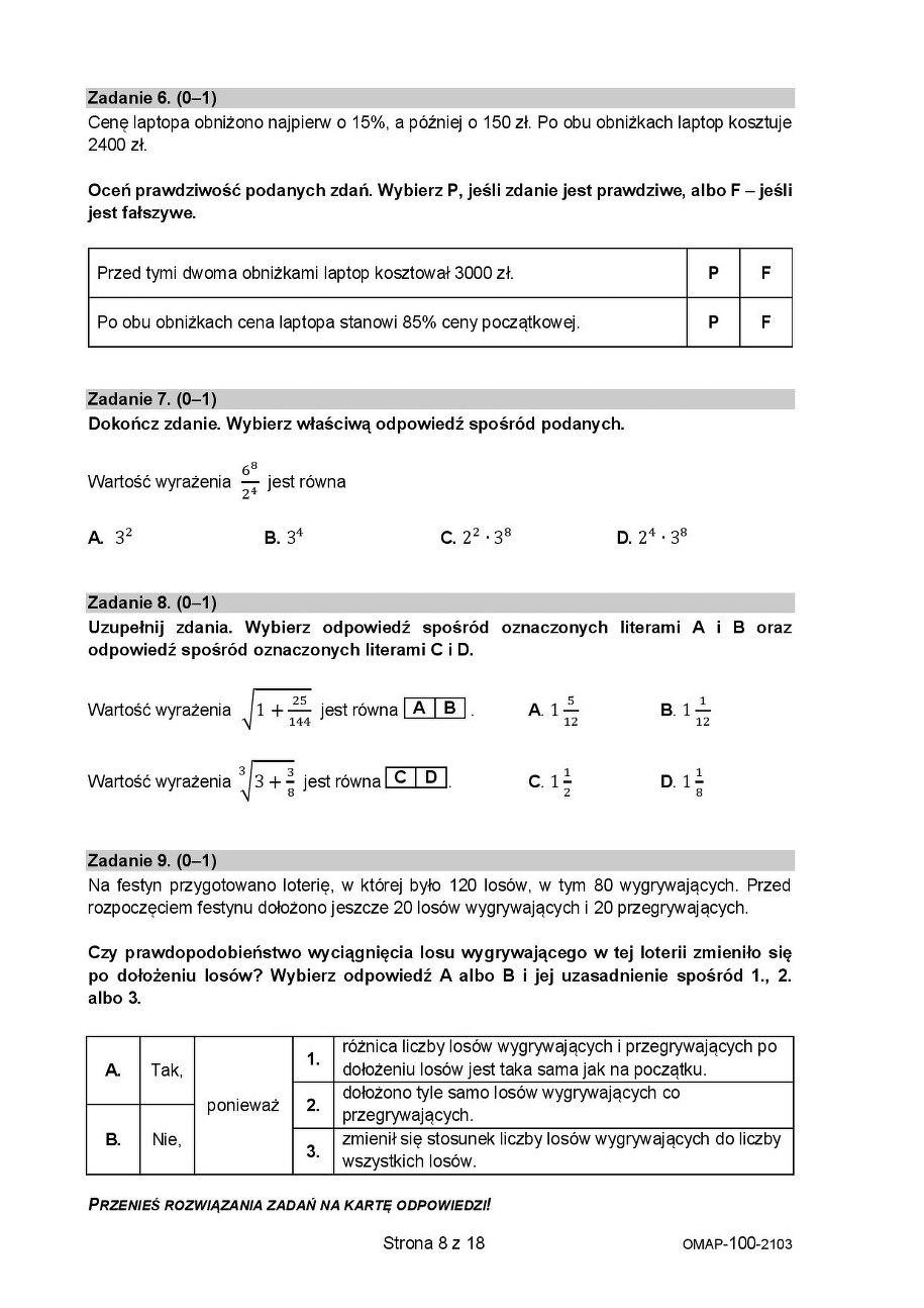 Próbny egzamin ósmoklasisty 2021. Arkusz z matematyki, fot. CKE /