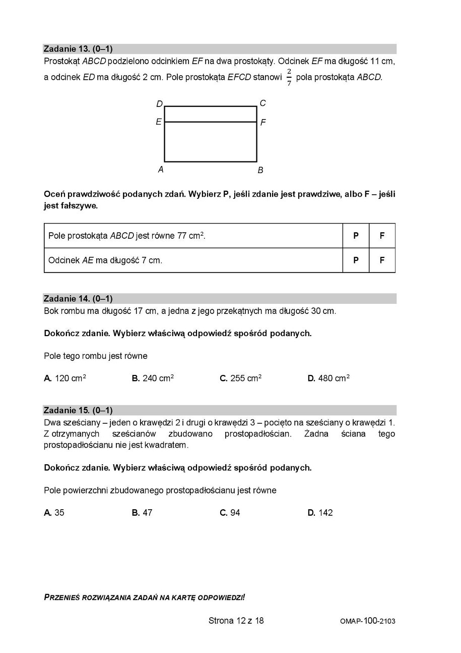 Próbny egzamin ósmoklasisty 2021. Arkusz z matematyki, fot. CKE /