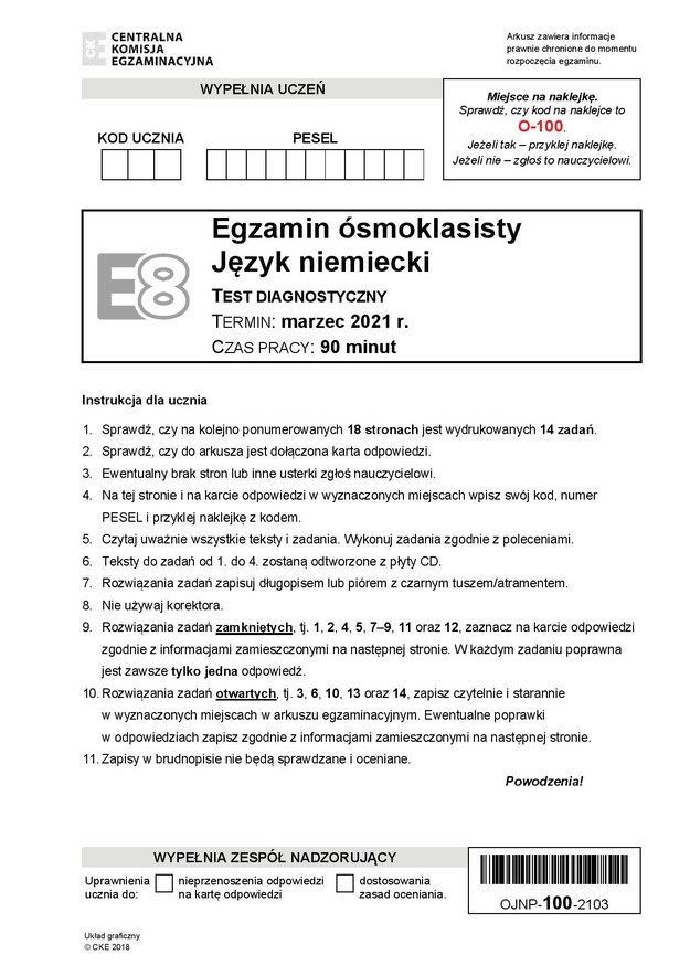 Próbny egzamin ósmoklasisty 2021. Język niemiecki /CKE /
