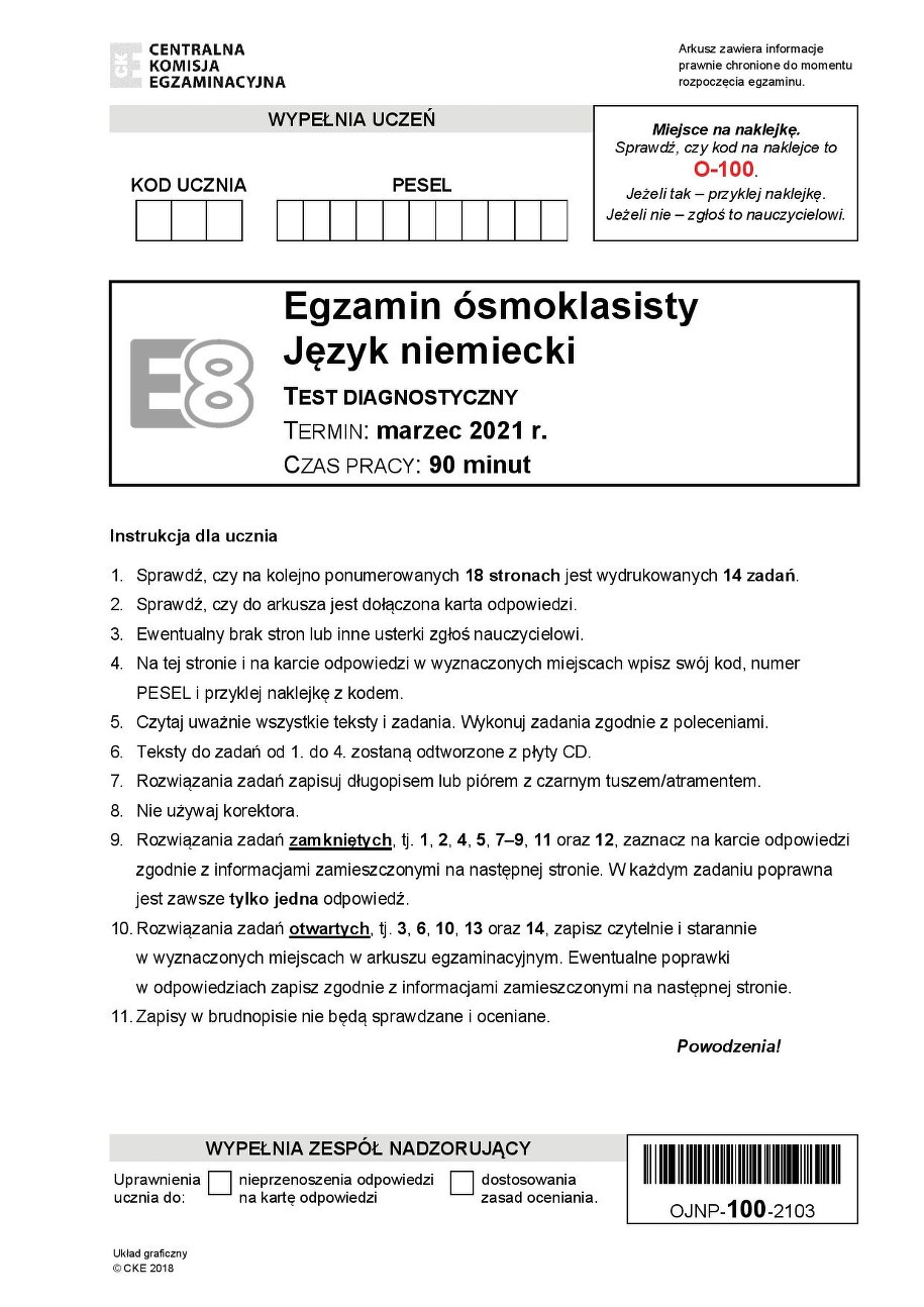 Próbny egzamin ósmoklasisty 2021. Język niemiecki /CKE /