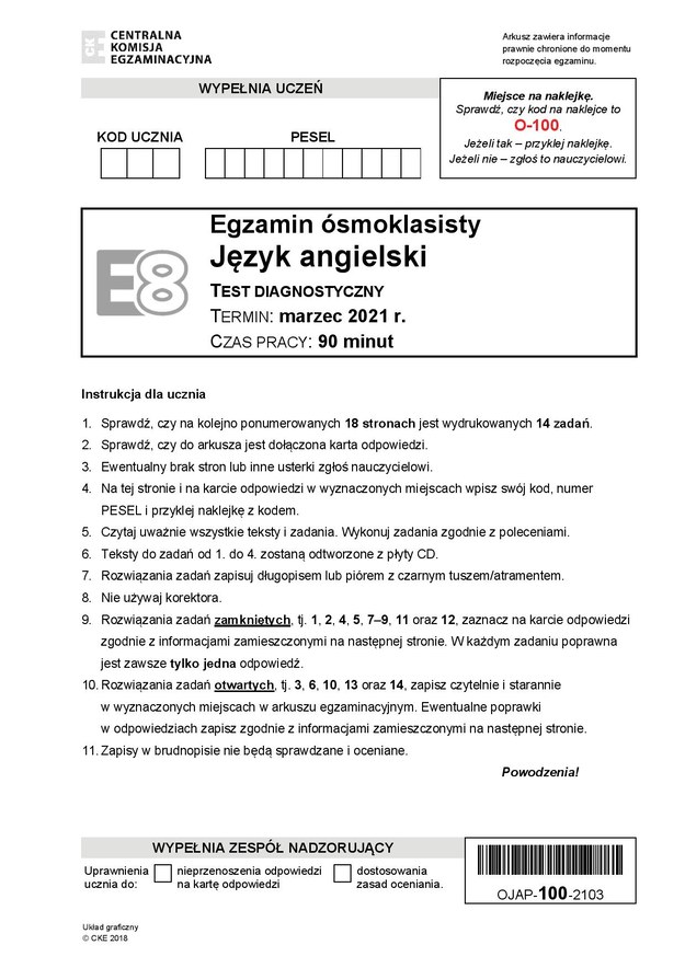 Próbny egzamin ósmoklasisty 2021 z języka angielskiego /CKE /