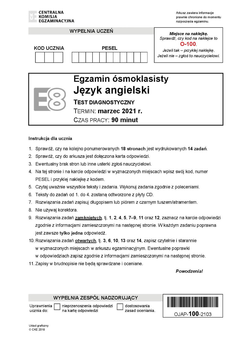 Próbny egzamin ósmoklasisty 2021 z języka angielskiego /CKE /