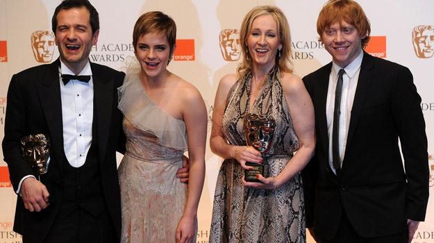 Producent serii David Hayman, Emma Watson, JK Rowling i Rupert Grint /AFP