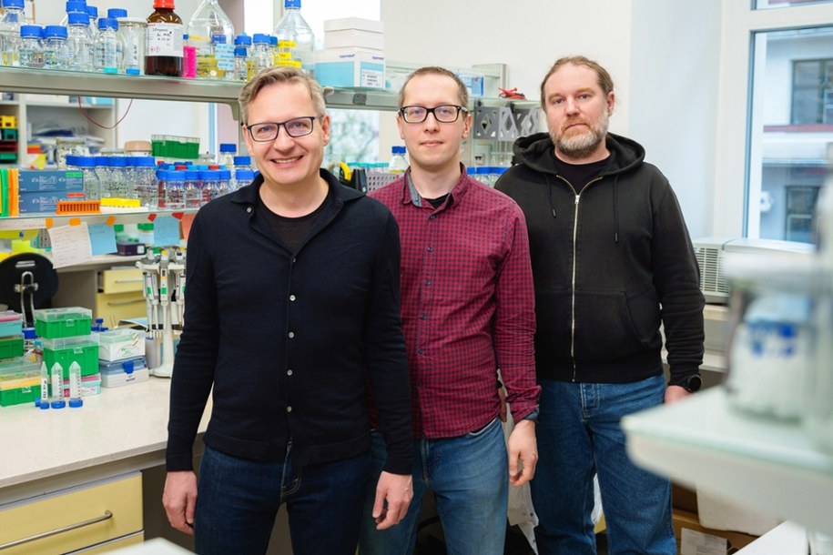 Prof. Andrzej Dziembowski, IIMCB i Wydział Biologii UW (z lewej), dr Paweł S. Krawczyk, IIMCB, dr Seweryn Mroczek, Wydział Biologii UW, IIMCB /Fot. IIMCB /RMF FM