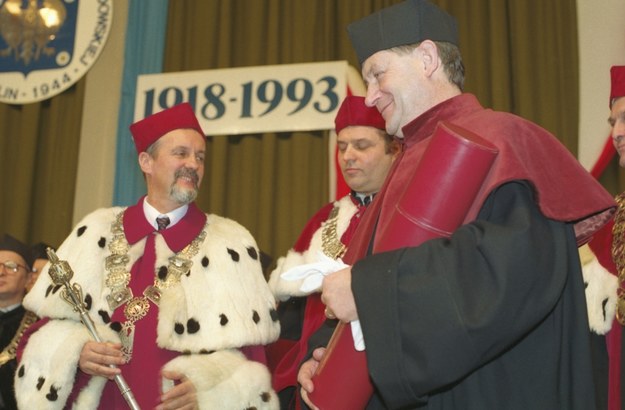 Prof. Kazimierz Goebel i Norman Davies na zdj. z 1993 r. /Mirosław Trembecki  /PAP
