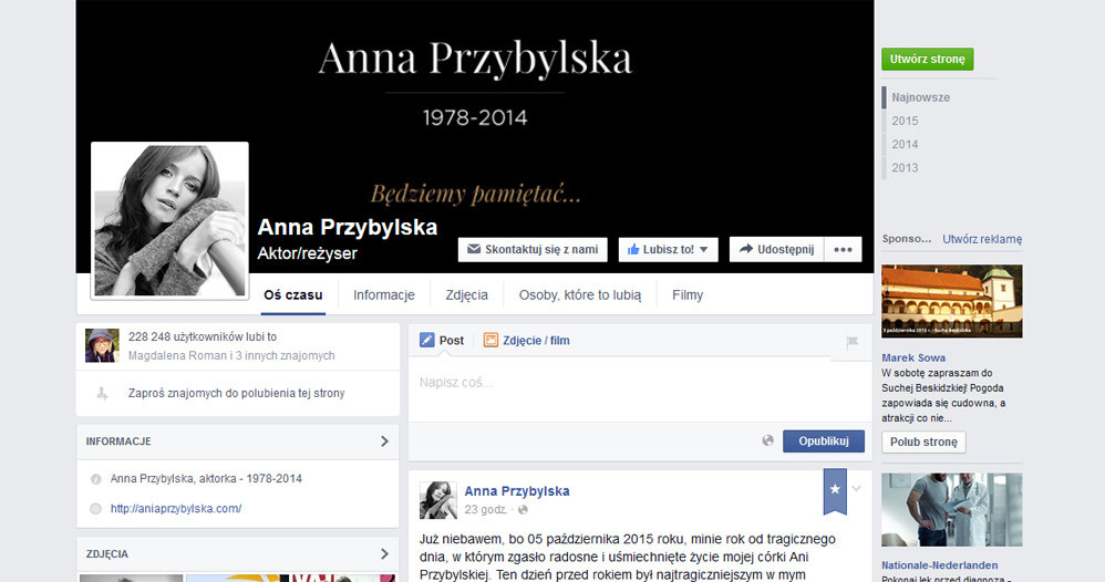 Profil Anny Przybylskiej, wpisów wciąż przybywa /Facebook