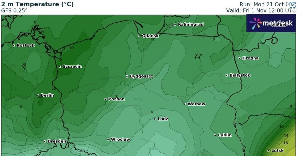 Prognoza długoterminowa wskazuje, że Wszystkich Świętych 2024 może być chłodnym dniem, z temperaturami do około 12 stopni /wxcharts /