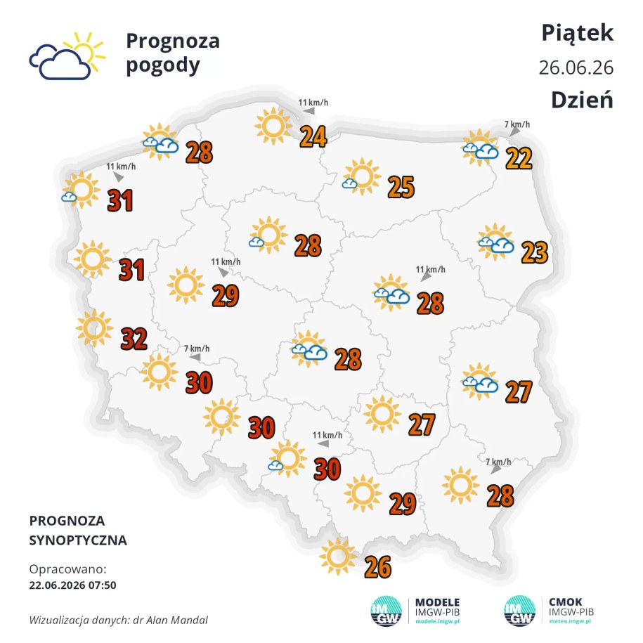 Prognoza na piątek (fot. Instytut Meteorologii i Gospodarki Wodnej) /