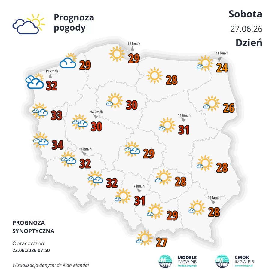 Prognoza na sobotę (fot. Instytut Meteorologii i Gospodarki Wodnej)